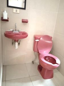 aseo rosa y lavabo en el baño en Casa Natura en San Cristóbal de Las Casas