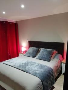 1 dormitorio con 1 cama grande y cortinas rojas en Domaine Colonna-Santini, Gite Piscine, Sauna, Spa en Porri