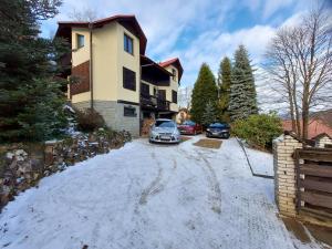 a house with two cars parked in the snow at Gwiezdna 5 in Tresna