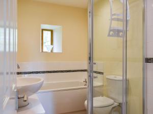 a bathroom with a toilet and a sink and a shower at Cherry Barn in Dufton