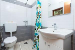 a bathroom with a white toilet and a sink at The Captain's Nook Spiliska in Blato