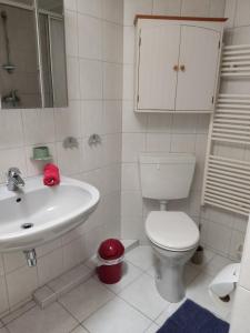 een witte badkamer met een toilet en een wastafel bij Stubnitz in Hagen