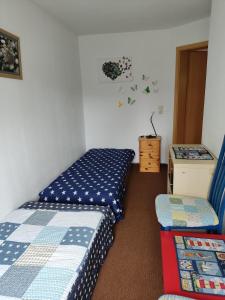 1 dormitorio con 2 camas individuales y escritorio en Stubnitz, en Hagen
