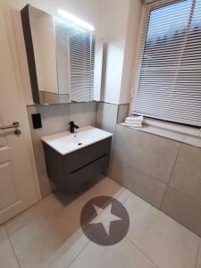 a bathroom with a white sink and a mirror at Renovierte Ferienwohnung in Nienburg Erichshagen in Erichshagen +2 photos