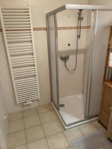 a shower with a glass door in a bathroom at Bennstedt 1 in Salzatal