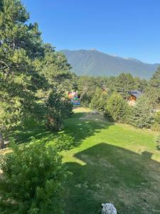 a green yard with trees and mountains in the background at Pirin Golf Penthouse Iliyana in Bansko