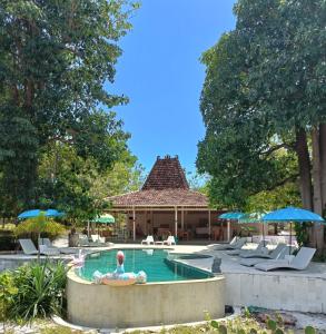 a pool at a resort with chairs and umbrellas at Maleo Moyo Hotel & Dive Resort in Moyo Island