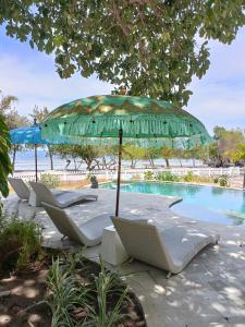 um grupo de cadeiras e um guarda-sol junto a uma piscina em Maleo Moyo Hotel & Dive Resort em Moyo Island