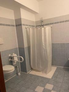 a bathroom with a shower curtain and a toilet at Hotel Bristol in Enna