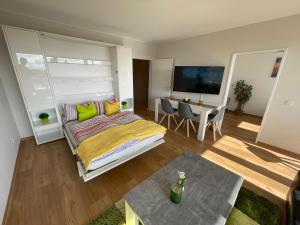 Schlafzimmer mit einem Bett, einem Schreibtisch und einem TV in der Unterkunft Haus Weitblick Lia in Flensburg