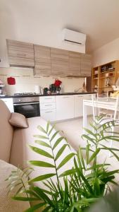 a kitchen with white cabinets and a table and a plant at Pisa City Home B&B in Pisa
