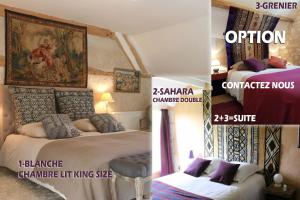 twee foto's van een slaapkamer met twee bedden in een kamer bij Le bourgis in La Chapelle-Montligeon