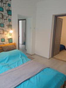 a bedroom with a bed and a mirror at Kiss-Szőllősi Vendégház II-RAMI in Debrecen