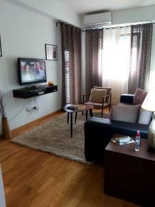 a living room with a couch and a tv at Apartman Miss T in Podgorica