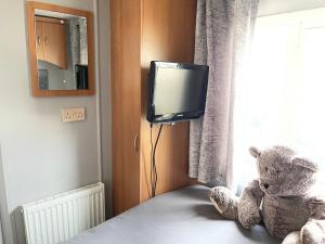 a teddy bear sitting on a bed next to a television at Turnberry Holiday Park fantastic Seaview in Girvan