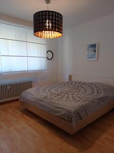a bedroom with a bed and a chandelier at Artbox in Saarbrücken