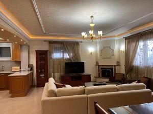 Sala de estar con 2 sofás y TV en SOFIA APARTMENTS, en Tesalónica