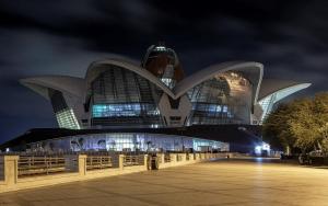 a view of a building at night at Riviera Hotel in Baku