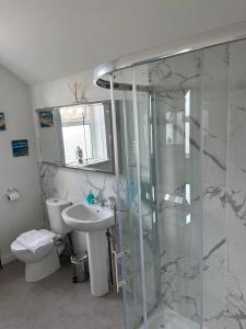 uma casa de banho com um chuveiro, um lavatório e um WC. em Avocet House Hunstanton 250m from the sea em Hunstanton