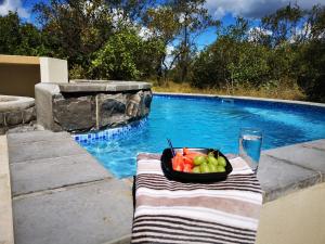 a bowl of fruit on a table next to a swimming pool at Ostrich Hide in Marloth Park