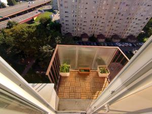 una vista sul soffitto di un balcone con 3 piante in vaso di Gdynia Apartment a Gdynia