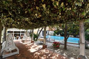 Hotel Splendid Mare في لايقويليا: مجموعة كراسي الصالة تحت شجرة بجانب المسبح