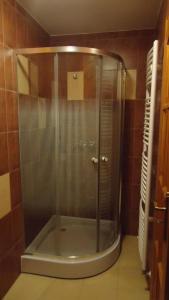 y baño con ducha y puerta de cristal. en Felső Fogadó, en Felsőtold