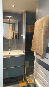een badkamer met een wastafel en een spiegel bij Escapade marine a carnac Maison 4 personnes toute équipée, au calme entre plage et ville in Carnac