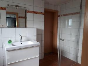 uma casa de banho branca com um lavatório e um chuveiro em Lovely Appartment with private patio and private entrance in Luxembourg 60m2 em Saeul