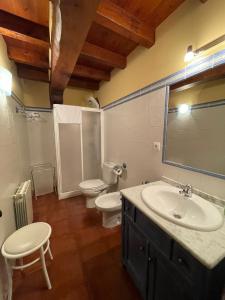 a bathroom with a sink and a toilet and a mirror at Casa El Montero in Espinama