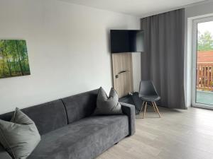 ein Wohnzimmer mit einem grauen Sofa und einem Fenster in der Unterkunft Apartmán Kapy Lipno in Lipno nad Vltavou
