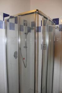 y baño con ducha y puerta de cristal. en Bilocale Salice Terme, en Salice Terme
