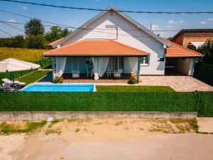 a house with a swimming pool in front of it at Green Art House in Kovilovo