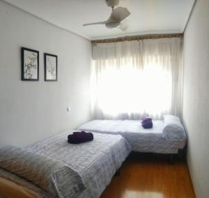 two twin beds in a room with a window at Apartamento grande, 2 dormitorios, garaje gratis in Madrid