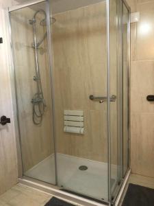 La salle de bains est pourvue d'une douche avec une porte en verre. dans l'établissement Casa Lerryn, à Sertã
