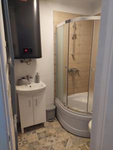 a bathroom with a shower and a sink and a toilet at Pigeon apartment in Kuldīga