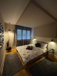 1 dormitorio con 1 cama grande y ventana en Delux apartment Moj Osijek, SELF CHECK-IN, en Osijek