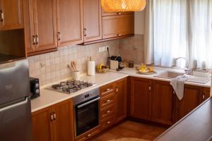a kitchen with wooden cabinets and a stove top oven at Jasmin Apartments in Skiathos