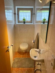 łazienka z toaletą i umywalką w obiekcie Ferienwohnung Rauch w mieście Schwendau