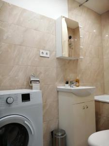 a bathroom with a washing machine and a sink at Apartamenti Miera Osta in Liepāja