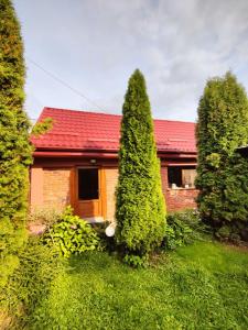ein Haus mit rotem Dach und zwei Bäumen in der Unterkunft Casa Rustica in Borşa