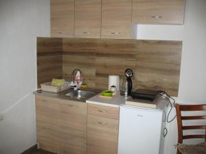 a small kitchen with a sink and a refrigerator at Apartman Boljević in Podgorica