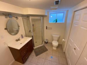 a bathroom with a shower and a toilet and a sink at AleHar House in Kingston