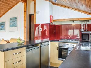 uma cozinha com electrodomésticos de aço inoxidável e paredes vermelhas em 27 Aviemore Holiday Park em Aviemore