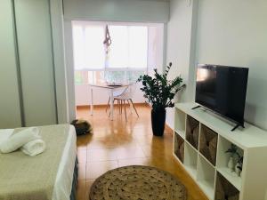 een woonkamer met een flatscreen-tv en een tafel bij Apartaestudio Moderno Benalmádena Málaga in Benalmádena