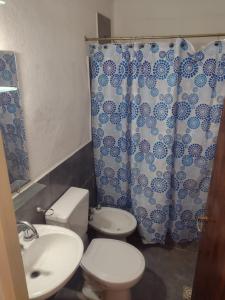 La salle de bains est pourvue de toilettes, d'un lavabo et d'une douche. dans l'établissement Departamentos Tierra Colorada, à La Rioja