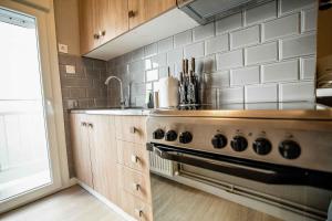 una cucina con piano cottura in acciaio inossidabile forno superiore di Axd DownTown Spacious Lux Apartment a Alexandroupoli