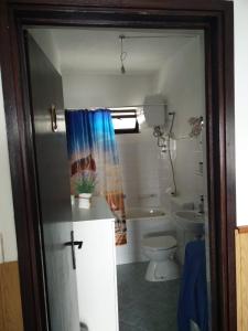 a bathroom with a toilet and a shower curtain at Crni in Gdinj