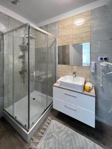 a bathroom with a glass shower and a sink at Pokoje Pod Mniszkiem in Boguszów-Gorce