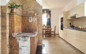 uma cozinha com uma parede de tijolos e uma bancada em 1 Bedroom Lovely Home In Biadoliny Szlachecki em Biadoliny Szlacaheckie